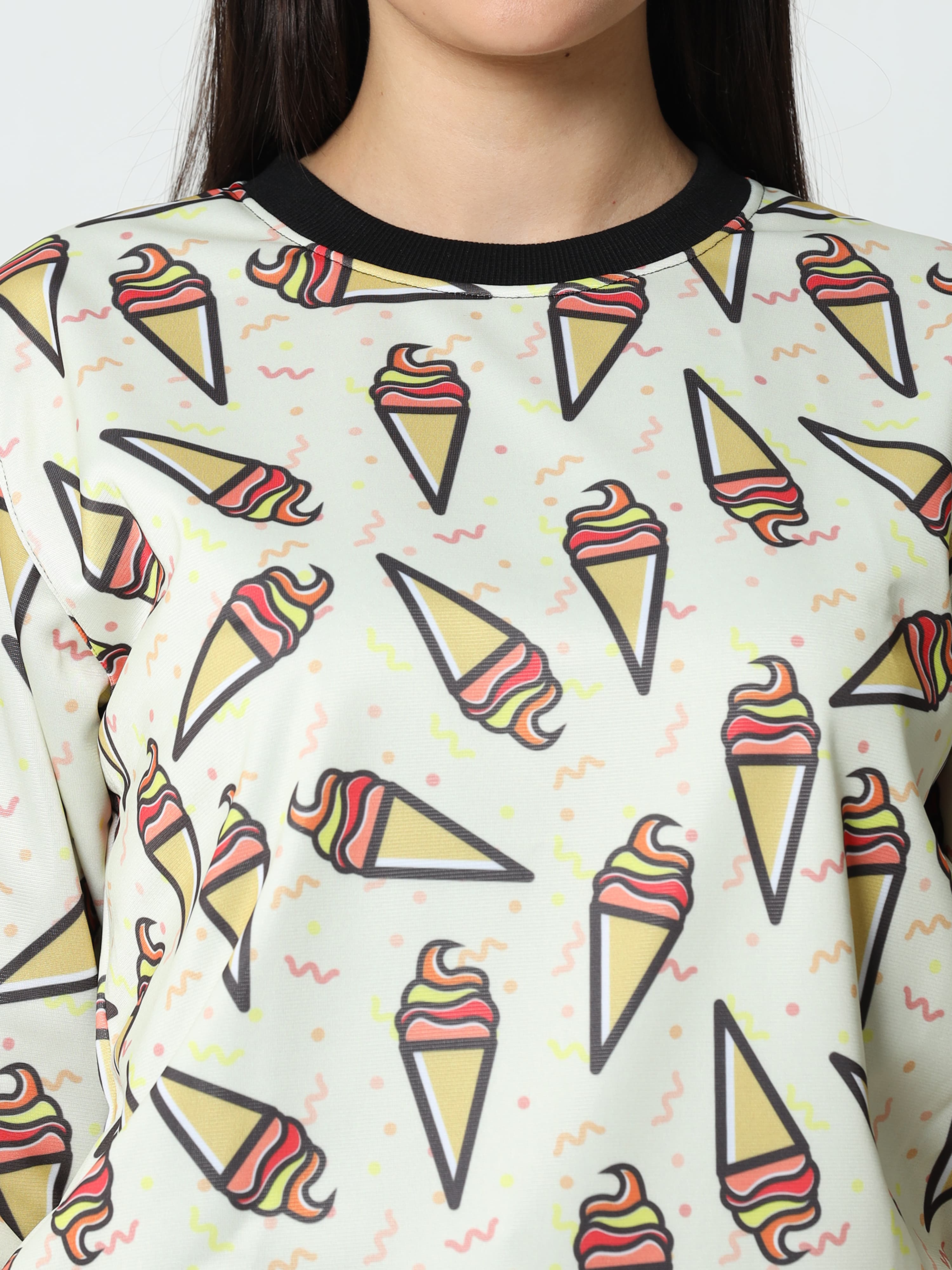 Custom all over printed sweatshirt worn by women qikink