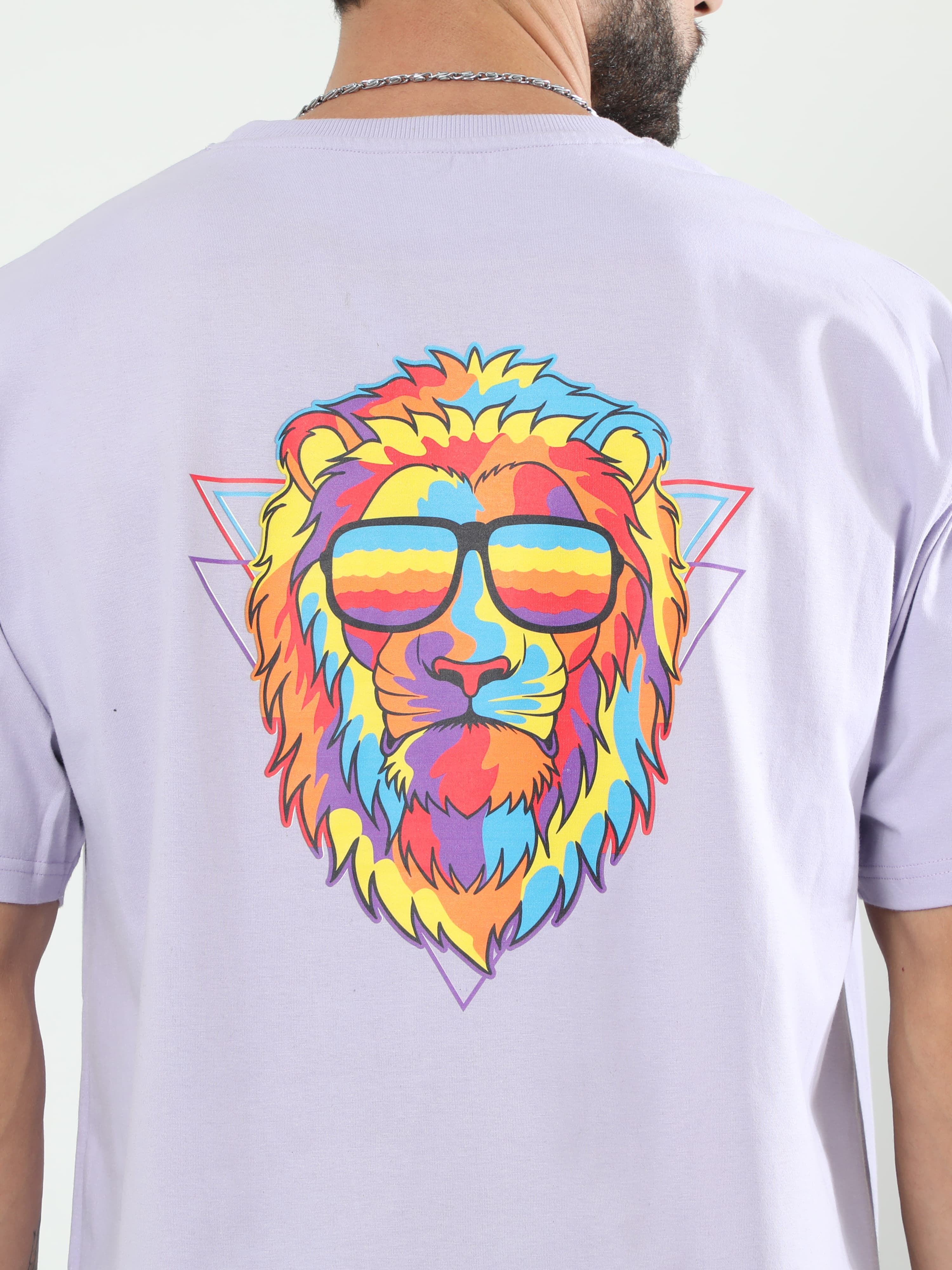 Colorful lion design printed on lavender oversize t shirt qikink