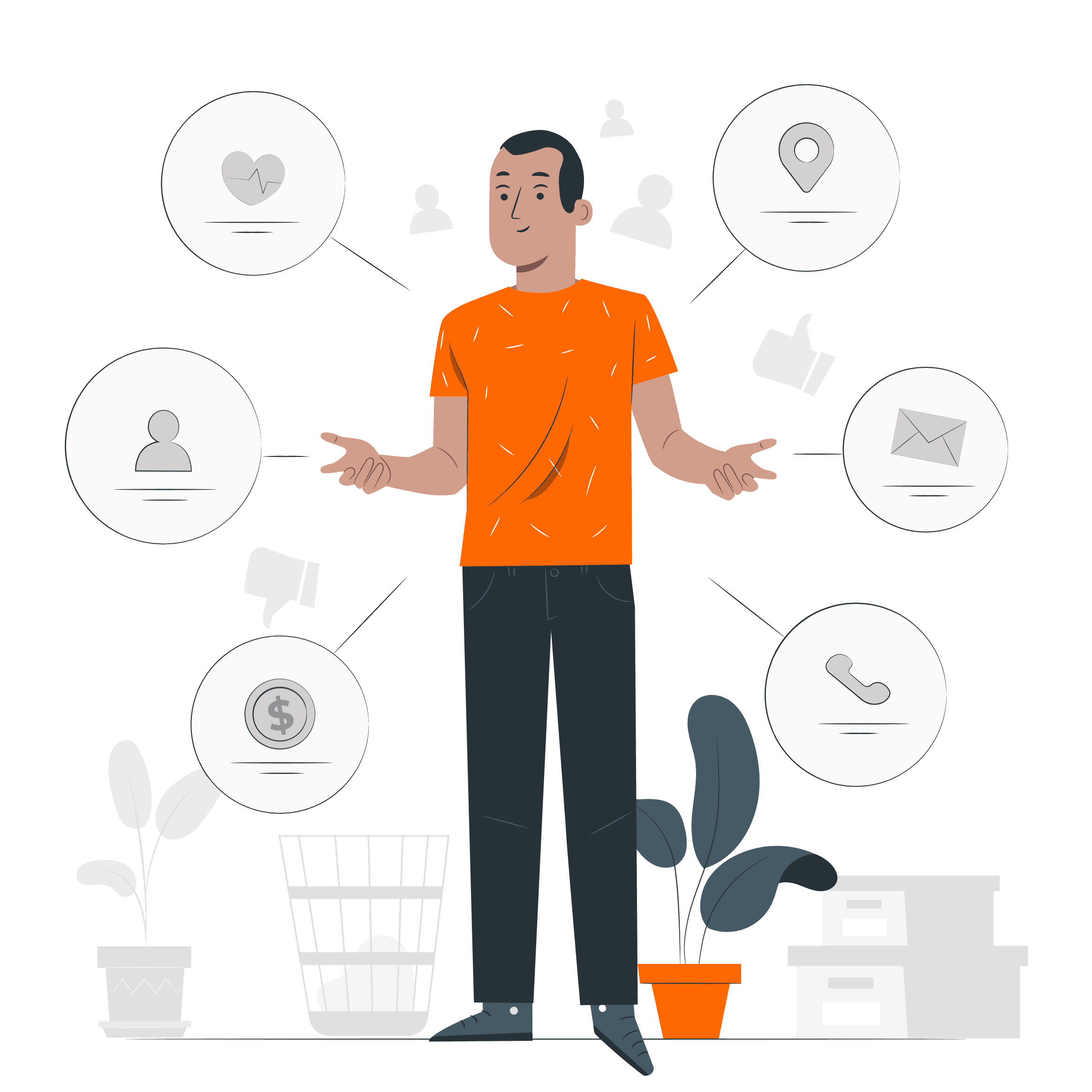 Shipping details illustration showing a person with various business icons
