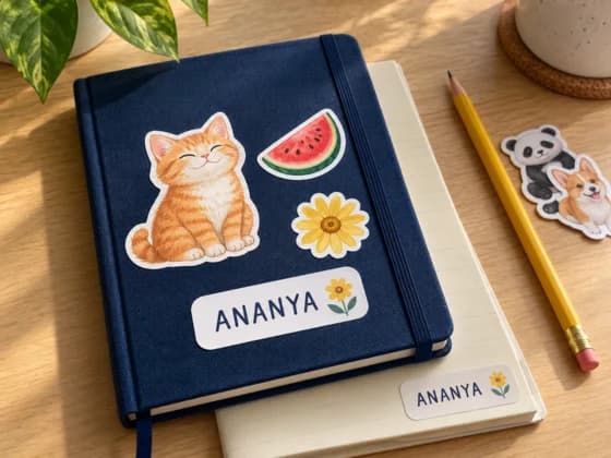 Name stickers on notebooks and books