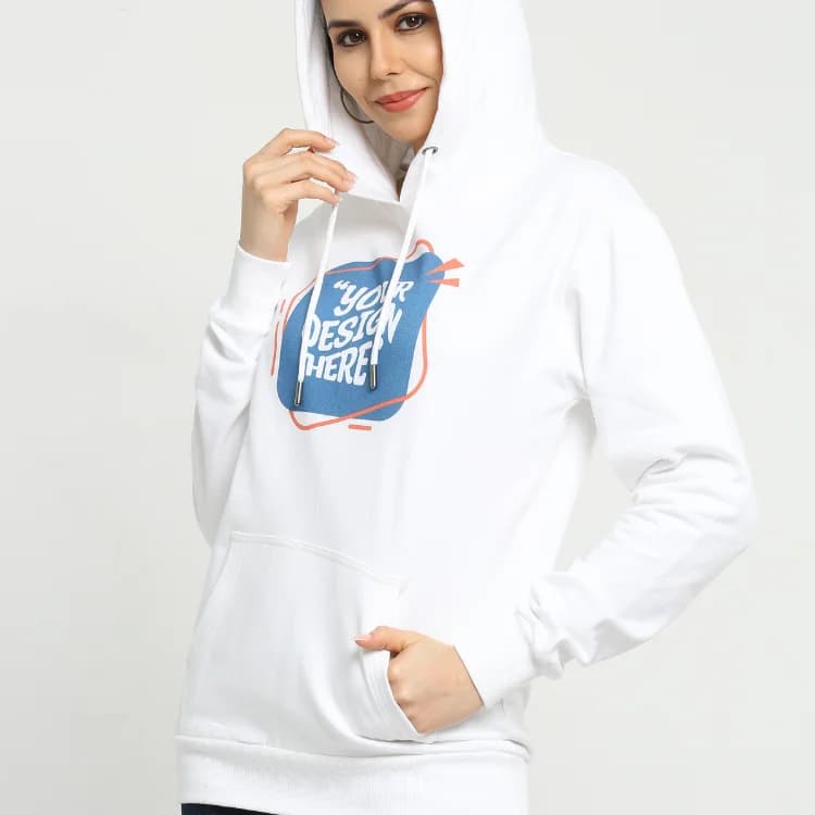 Woman wearing a white custom printed hoodie