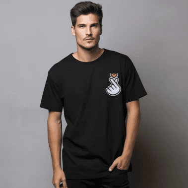 Korean love design embroidered on black t shirt on a pocket placement qikink