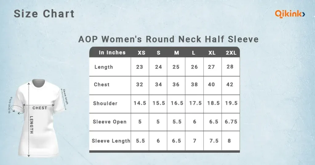 AOP Women’s Round Neck Half Sleeve T shirt Size Chart