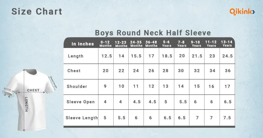 Boy’s Round Half-Sleeve T shirt Size Chart