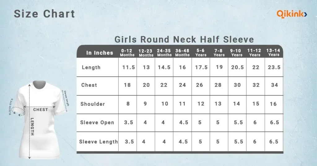Girl’s Round Half-Sleeve T shirt Size Chart