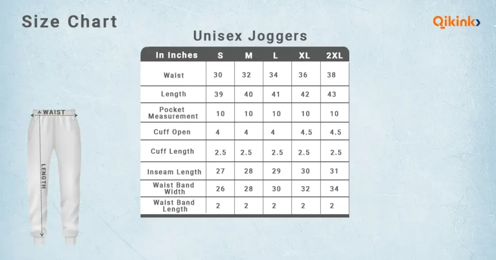 Unisex Joggers Size Chart