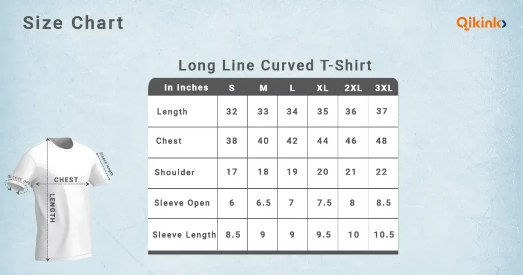 Men’s Long Line Curved T shirt Size Chart