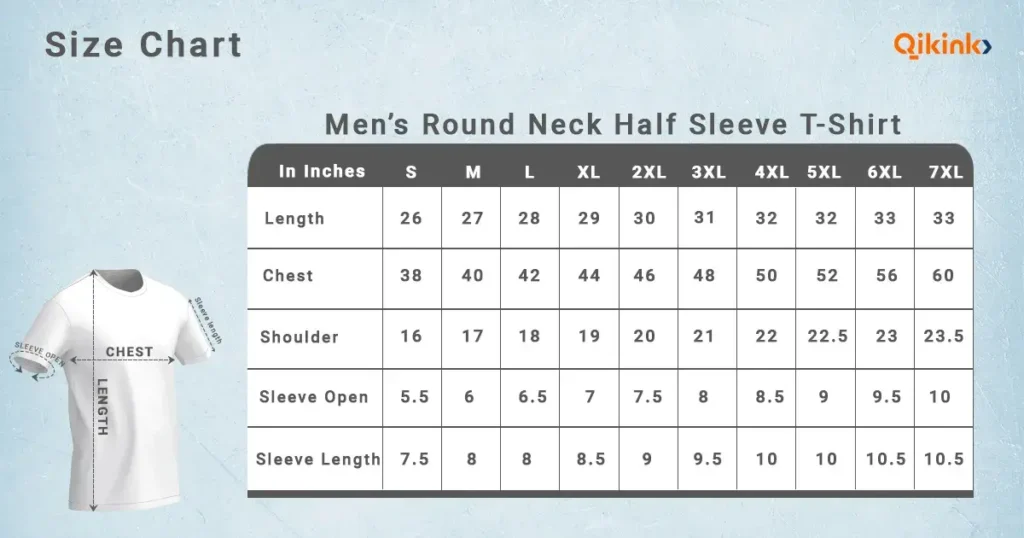 Men's Round Neck Half Sleeve T shirt Size Chart