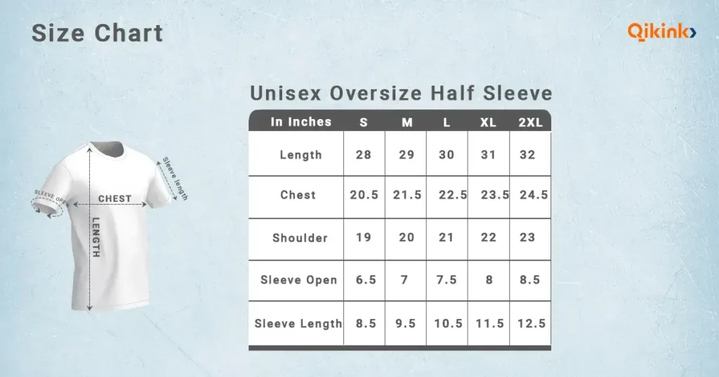 Unisex Oversize Half Sleeve Size Chart