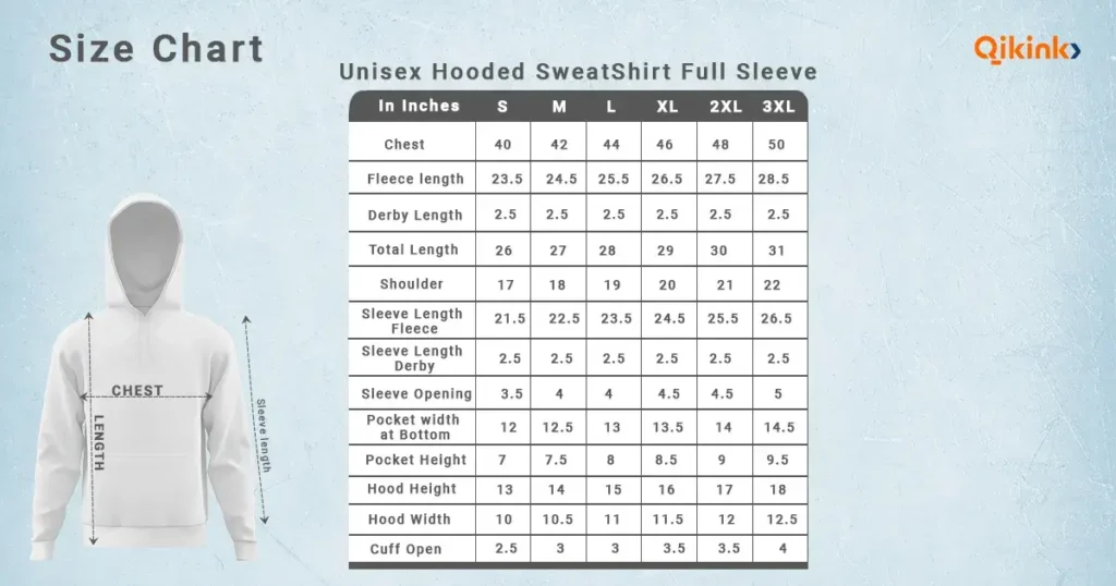 Unisex Hooded Sweatshirt Full Sleeve Size Chart