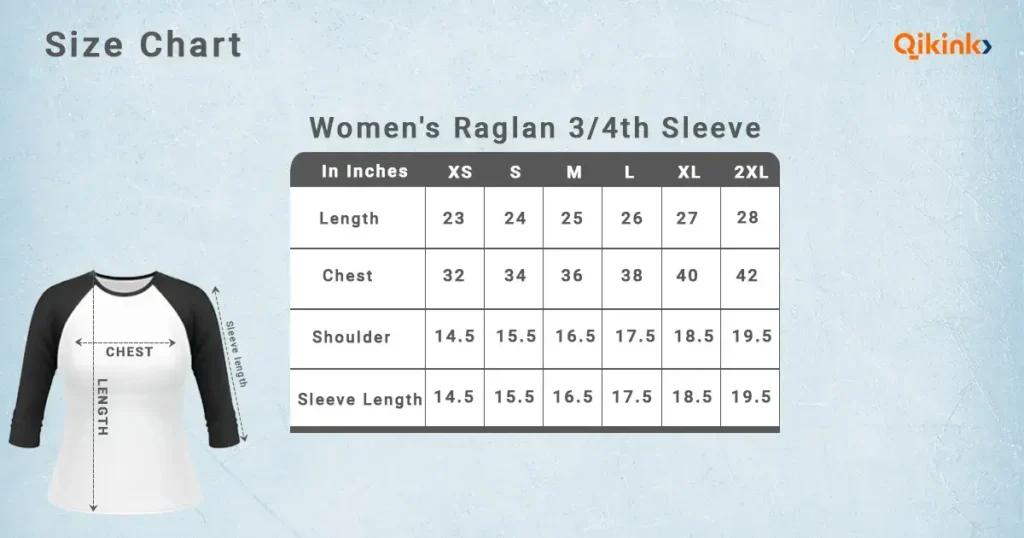 Women’s Raglan 3/4th Sleeve Size Chart
