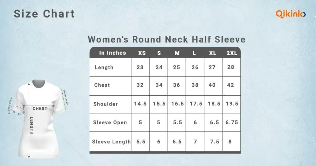 Round Neck Half Sleeve T shirt Size Chart For Female