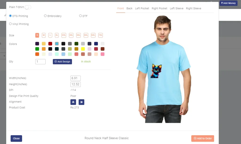 Add Design and choose the Colors & Sizes Shopify product Qikink