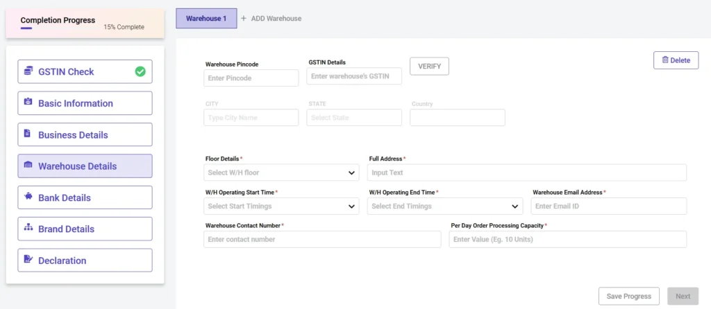 Warehouse details for Myntra