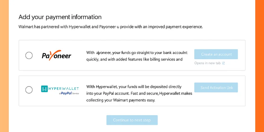 Payment information tab in Walmart