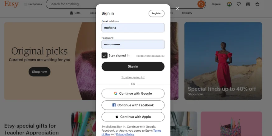 sign in option etsy marketplace qikink
