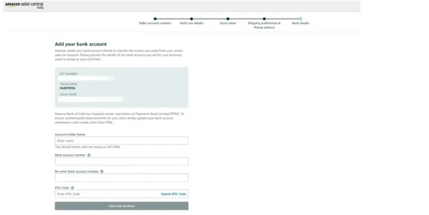 Amazon Seller signup bank account details Qikink