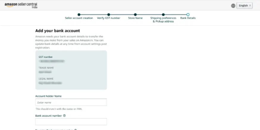 Add bank account details for Amazon Seller