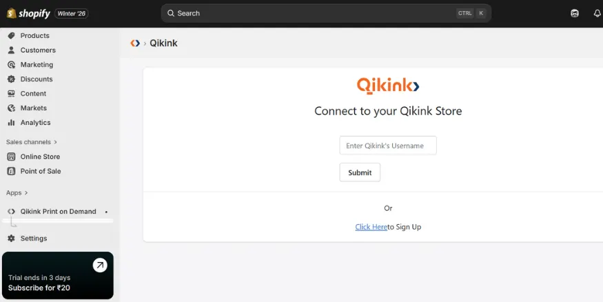 Connect shopify and qikink store