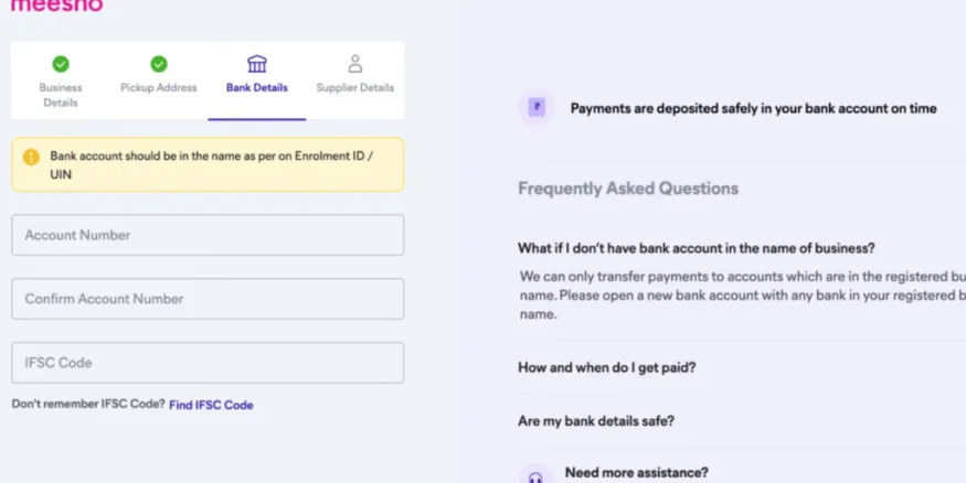 bank details on meesho seller registration