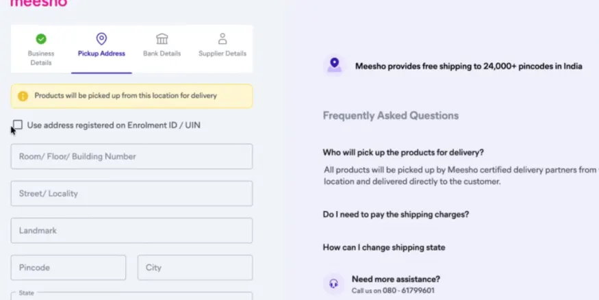 Meesho Seller pickup address registering step
