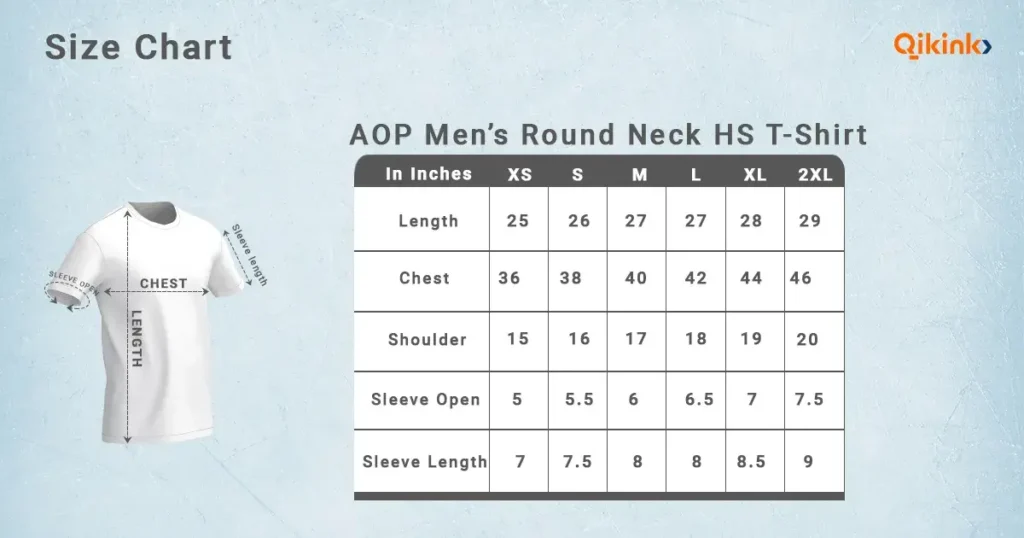 AOP round neck half sleeve size chart qikink