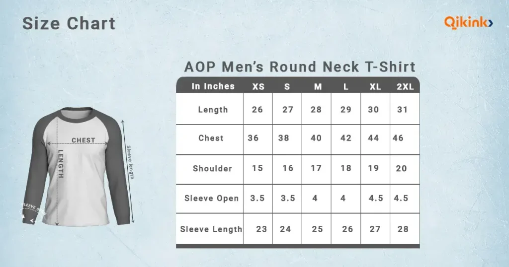 AOP round neck size chart qikink