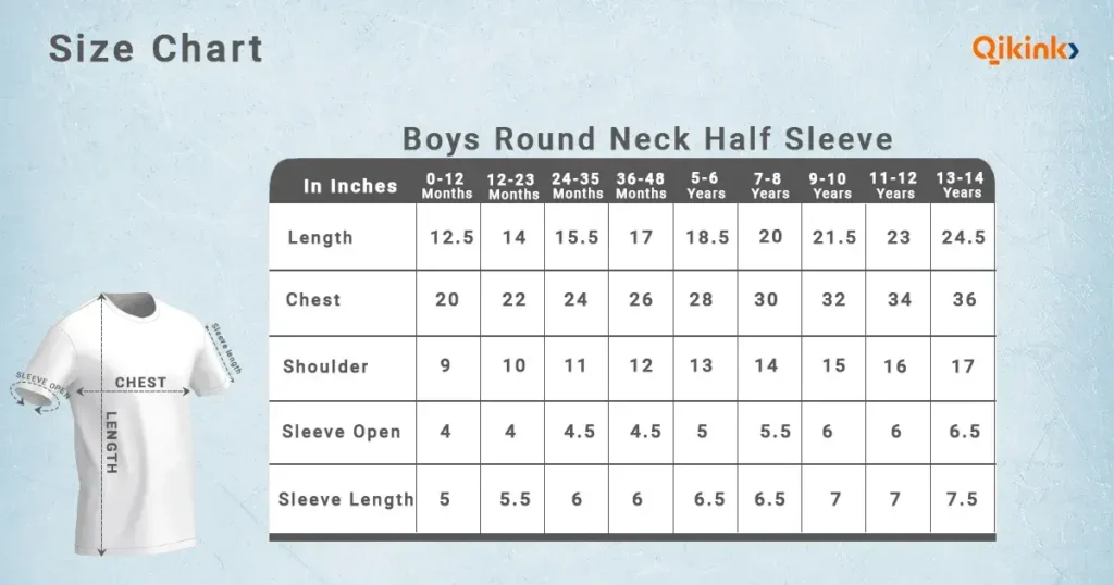 Boys round neck half sleeve size chart qikink