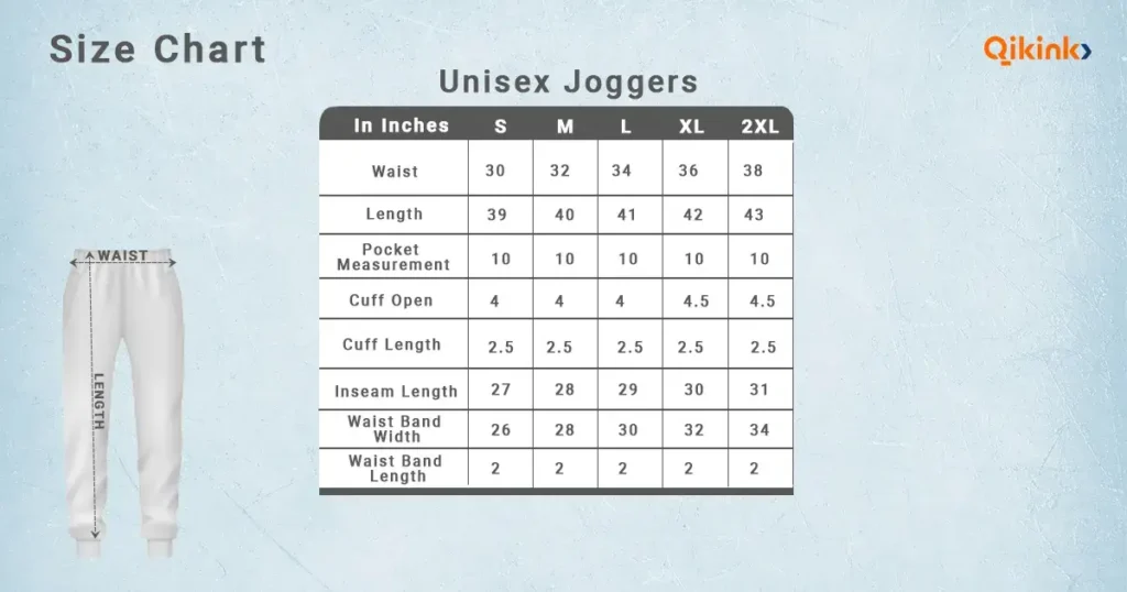 Joggers size chart qikink