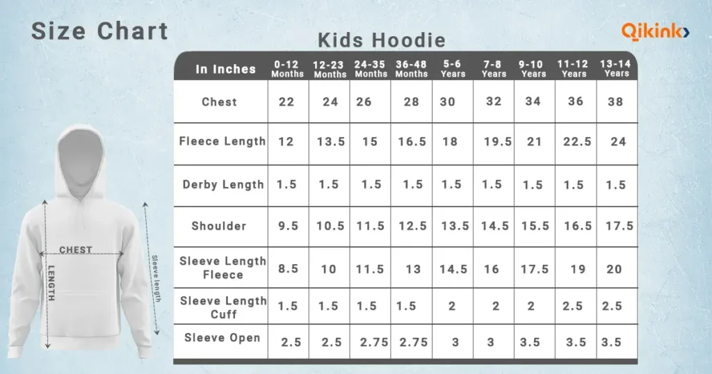 Kids hooded sweatshirt size chart qikink
