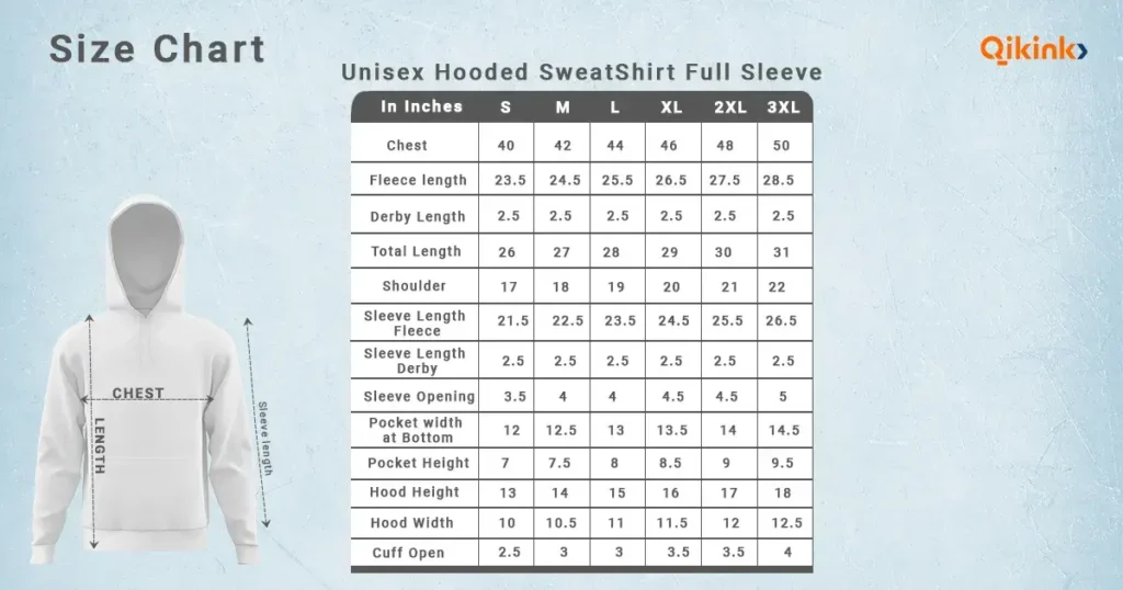 Unisex hooded sweatshirt size chart qikink