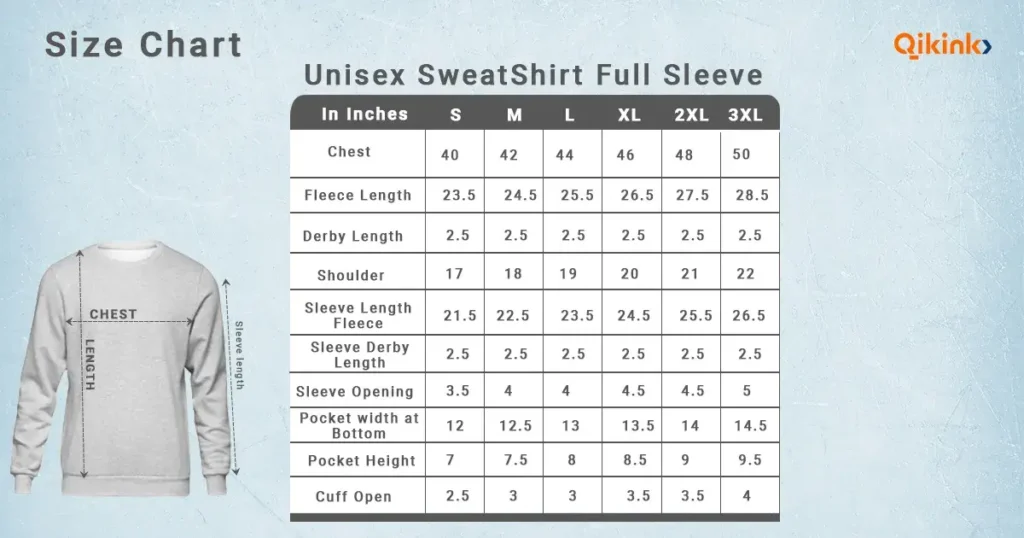 Unisex sweatshirt size chart qikink