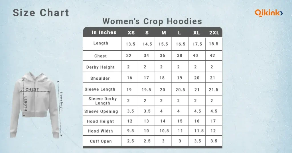 Womens crop hoodie size chart qikink