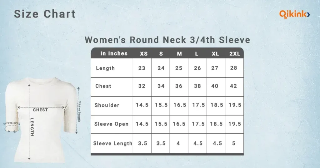 Womens3-4th sleeve size chart qikink